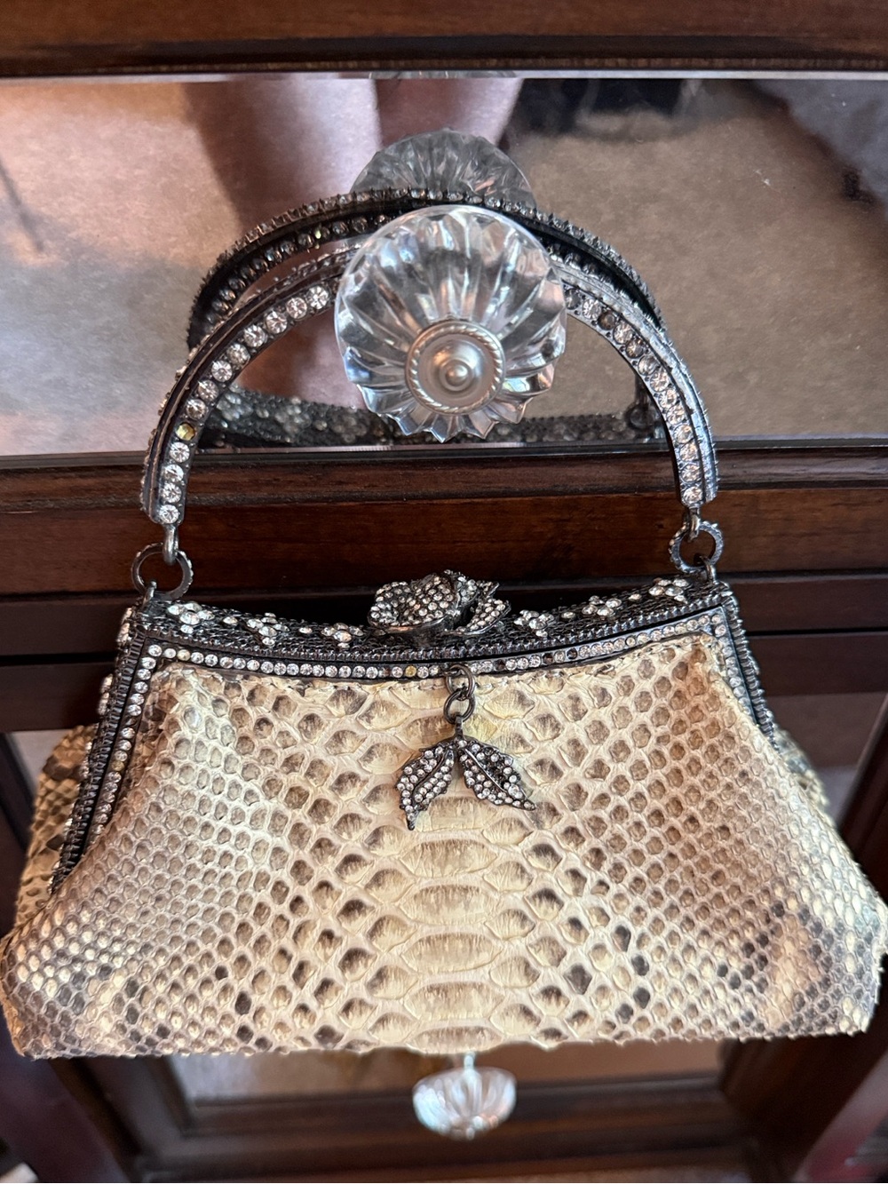 Basso Vintage Neutral-Tone Python Snake Crystal-Trim Top-Handle Clutch